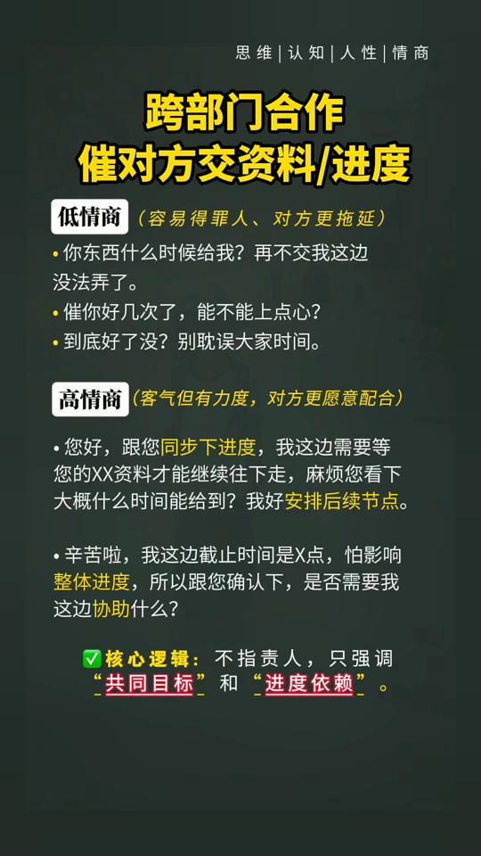 个人成长赛道文案素材 - 职场跨部门合作：高低情商沟通案例 对比跨部门合作中的高低情商话术，教你好好说话、高效协作、不得罪人#情商 #职场 #说话技巧 #沟通技巧 #个人成长 - 大道至简m作品